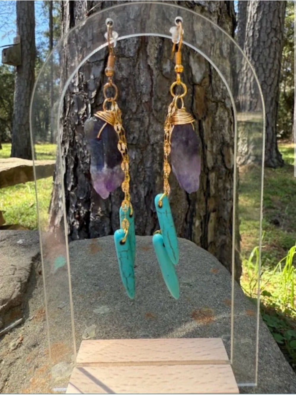 Gold-Tone Amethyst & Turquoise Dangle Earrings - Handcrafted